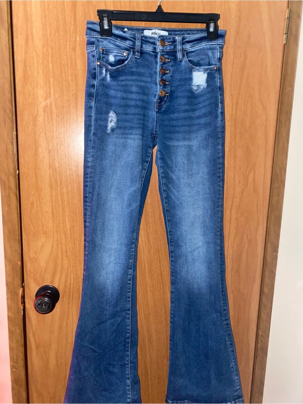 High-Rise Distressed Bootcut Jeans in Dark Blue